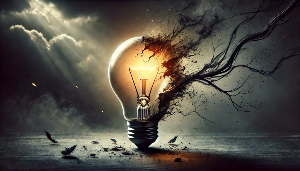 A bright lightbulb—symbolizing wisdom—fractured or cracked, with dark tendrils spreading from the break. It suggests the decay of wisdom and the spread of ignorance.